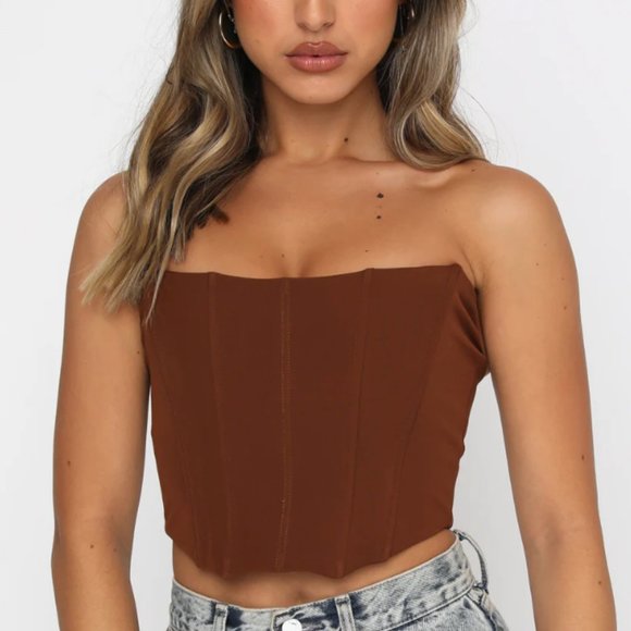 Brown Cropped Strapless Corset Going Out Top - Picture 1 of 5